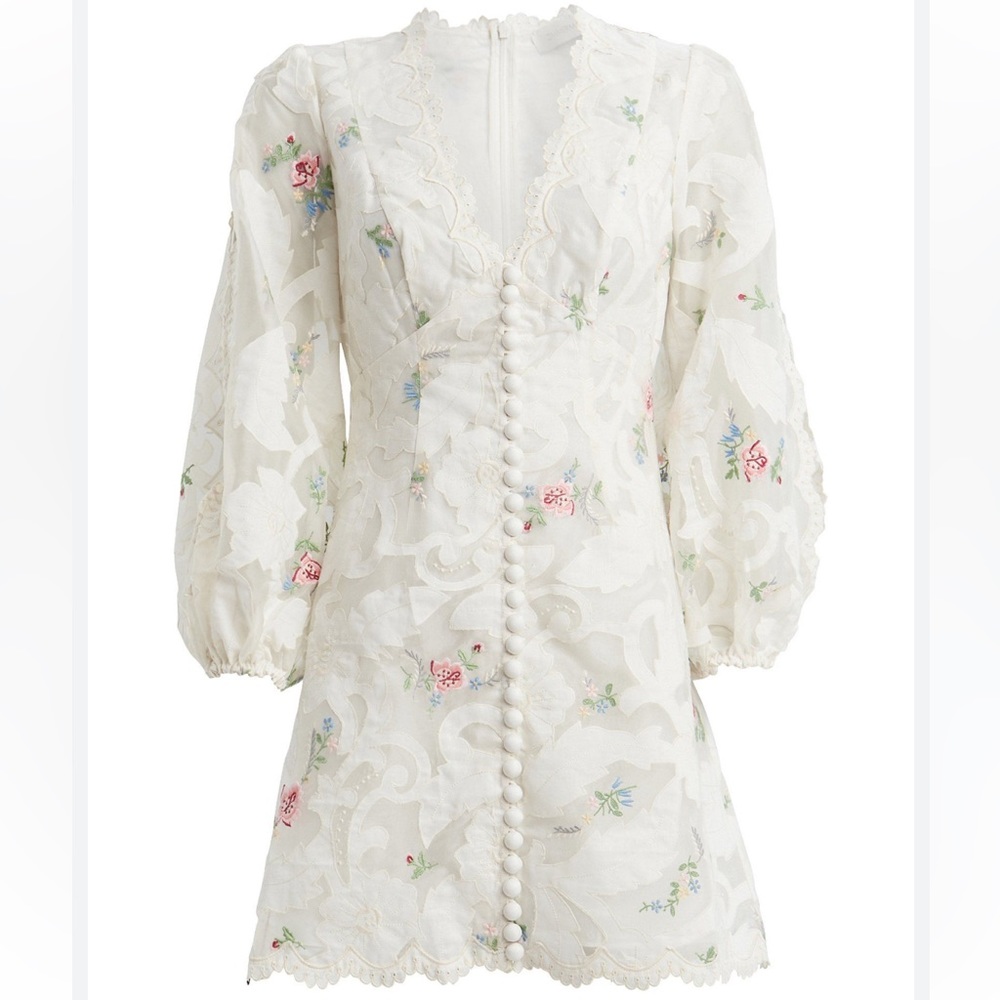 Zimmermann Zinnia Linen Silk Linen Embroidered Floral Mini Dress